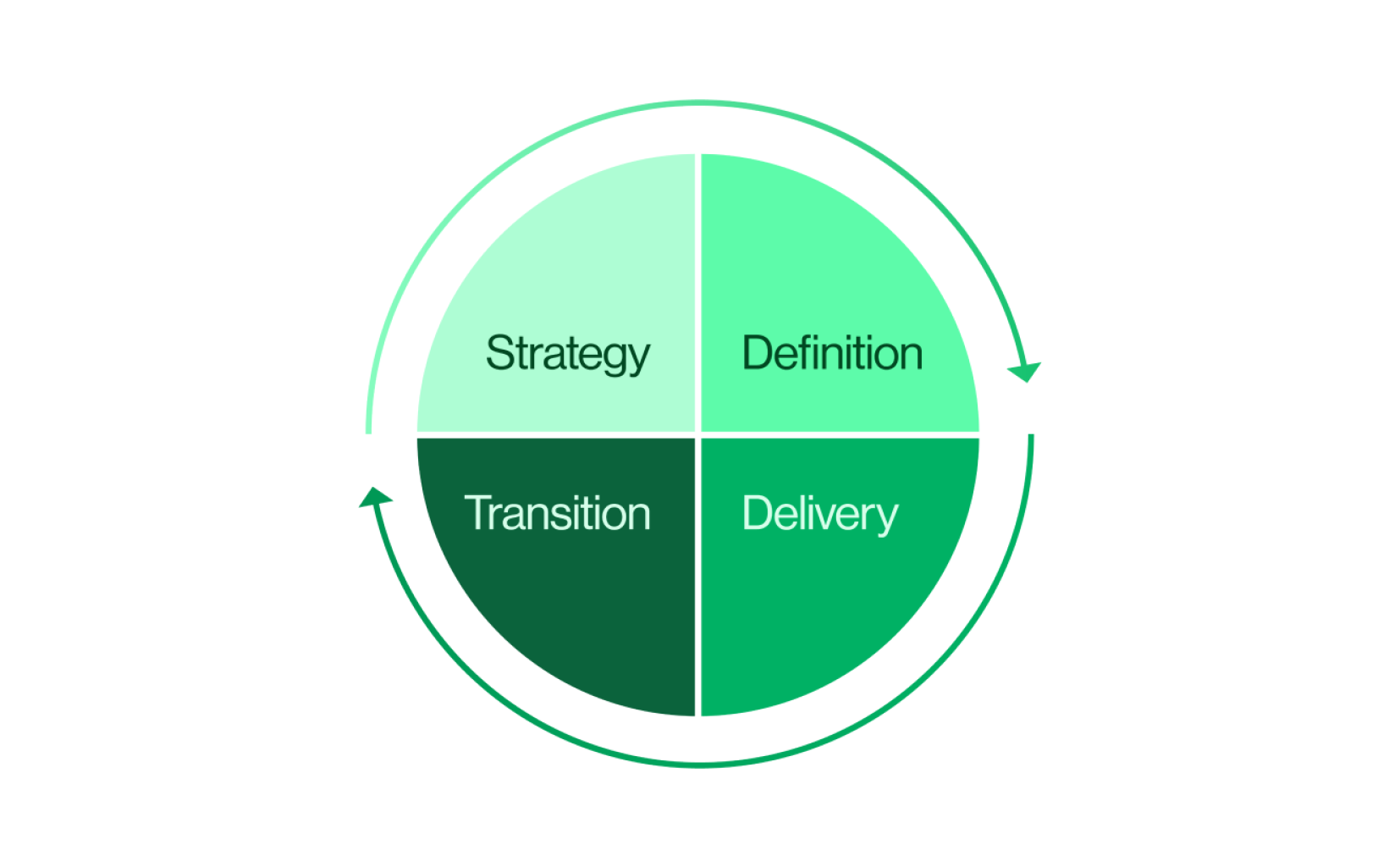 Circular graphic showing lifecycle. Text reads: strategy, definition, delivery, and transition
