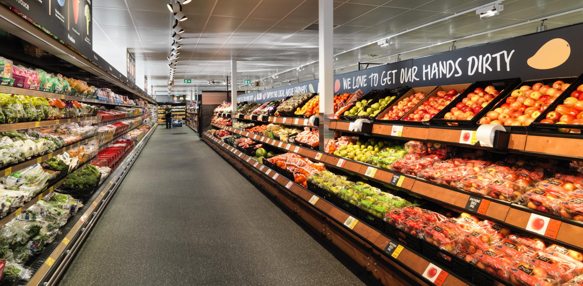 View of the fruit and vegetable aisle in an ALDI store