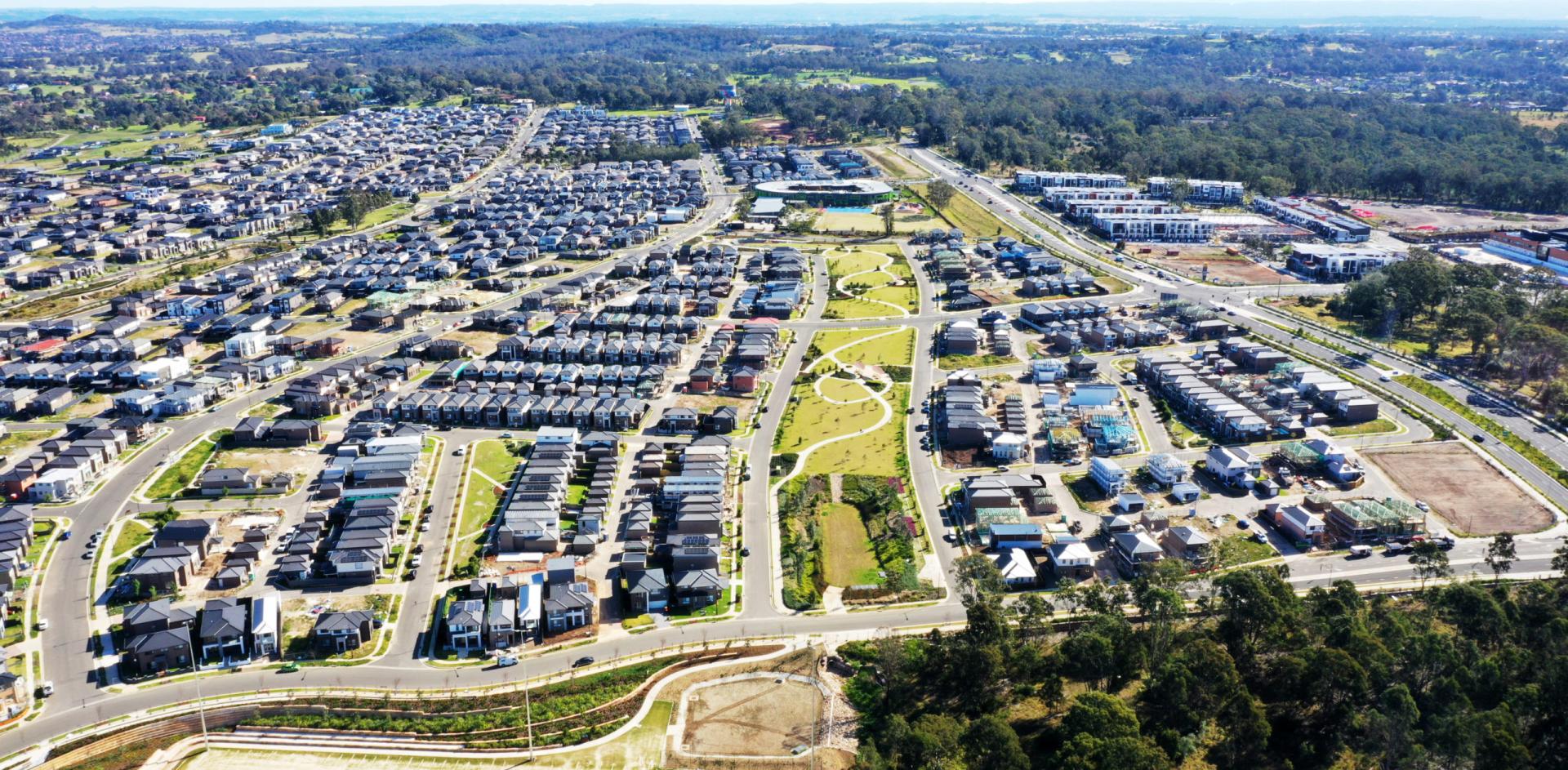 Overhead photograph of Western Sydney suburb, houses, roads, and gardens