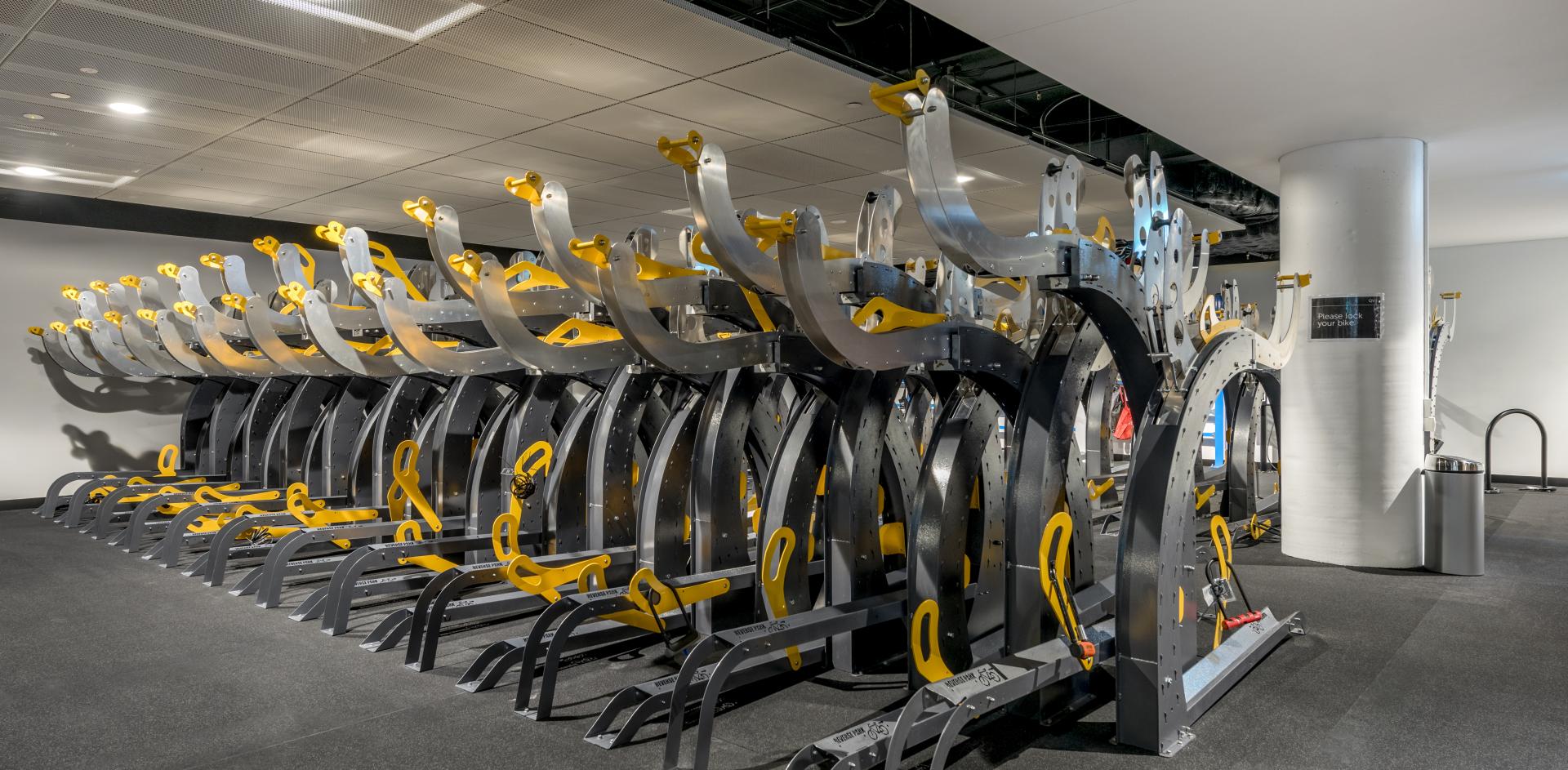 Modern biking machinery in an indoor gym