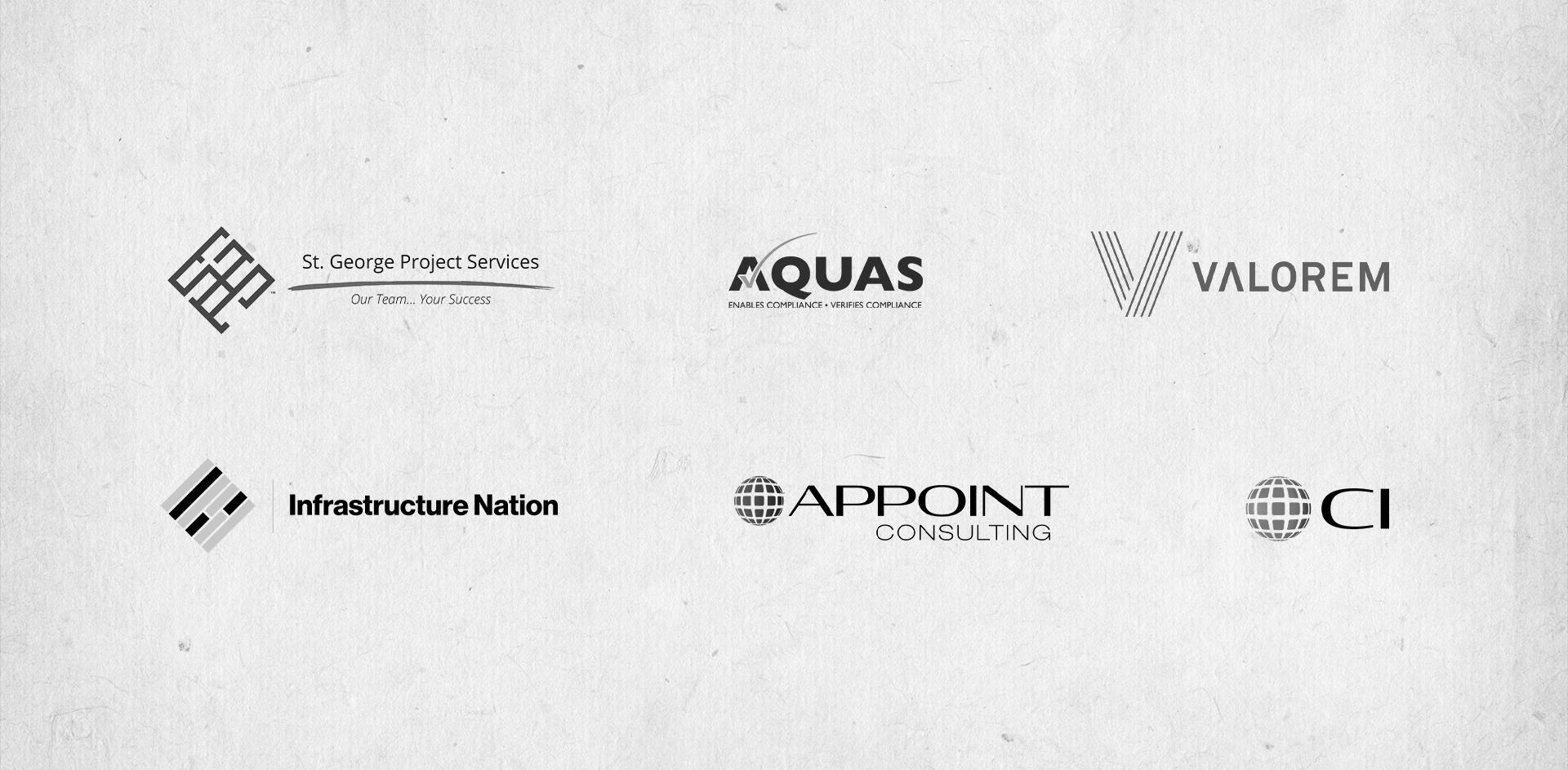 Set of business logos: St George Project Services, AQUAS, VALOREM, Infrastructure Nation, APPOINT Consulting, CI