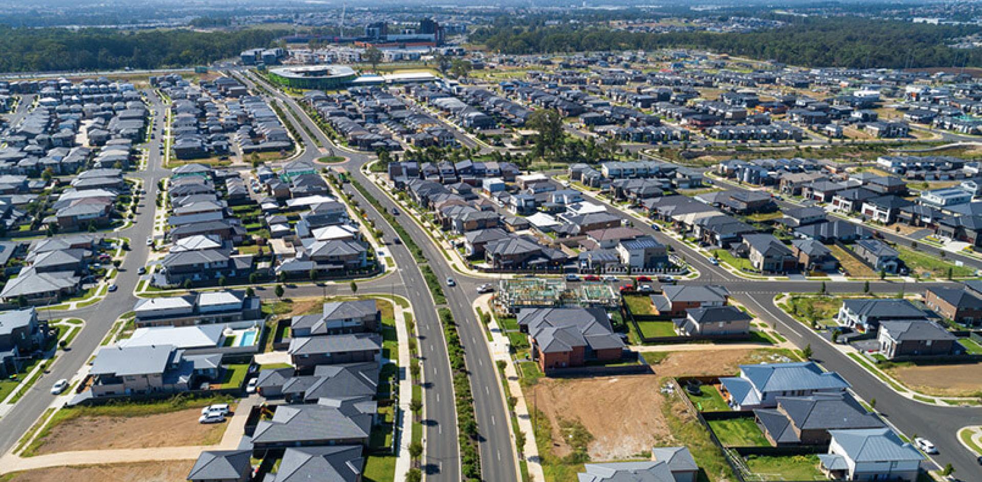 Overhead photograph of Western Sydney suburb, houses, roads, and gardens