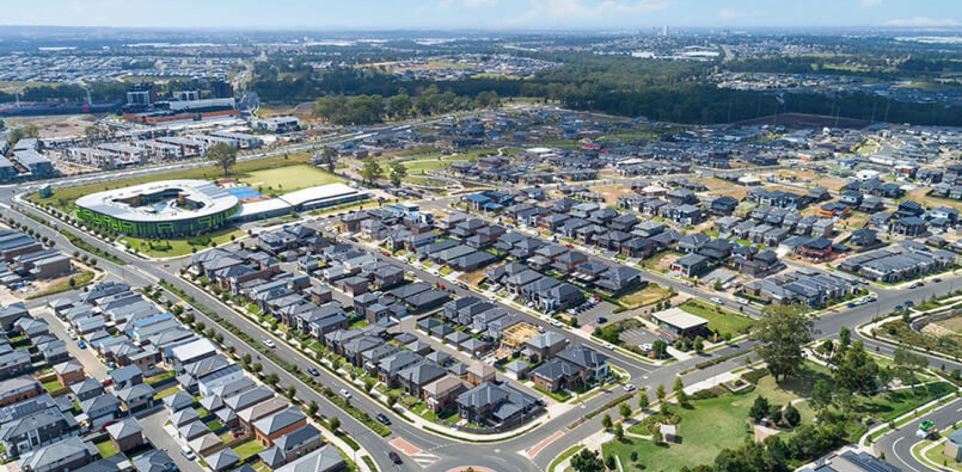 Overhead photograph of Western Sydney suburb, houses, roads, and gardens