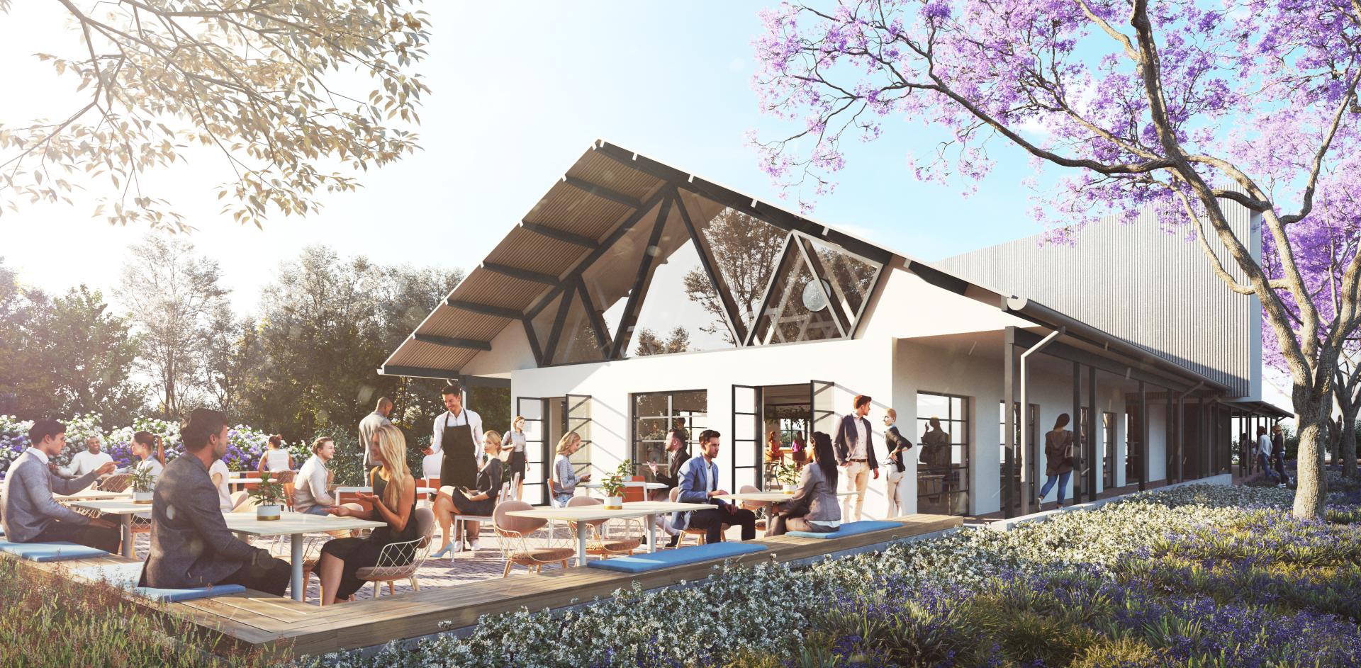 Artistic render of modern cafe building with customers sitting outside under trees and in gardens