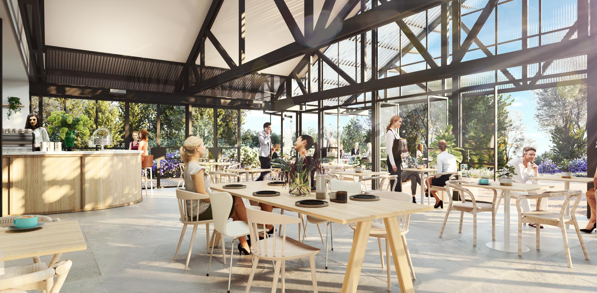 Artistic render of modern cafe building with customers sitting outside under trees and in gardens