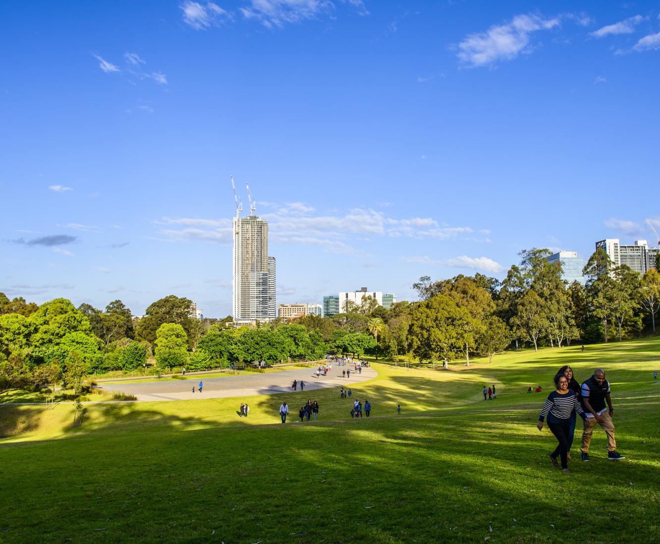 Photo of Parramatta Park showing people walking over the grass