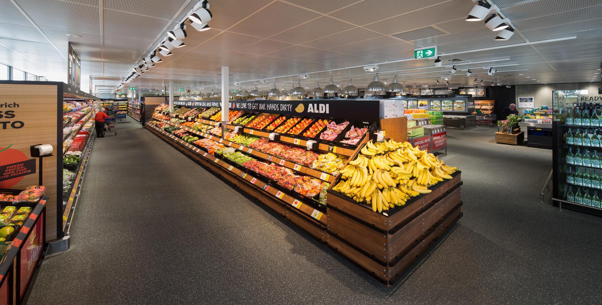 Interior view of ALDI store showing the fruit display