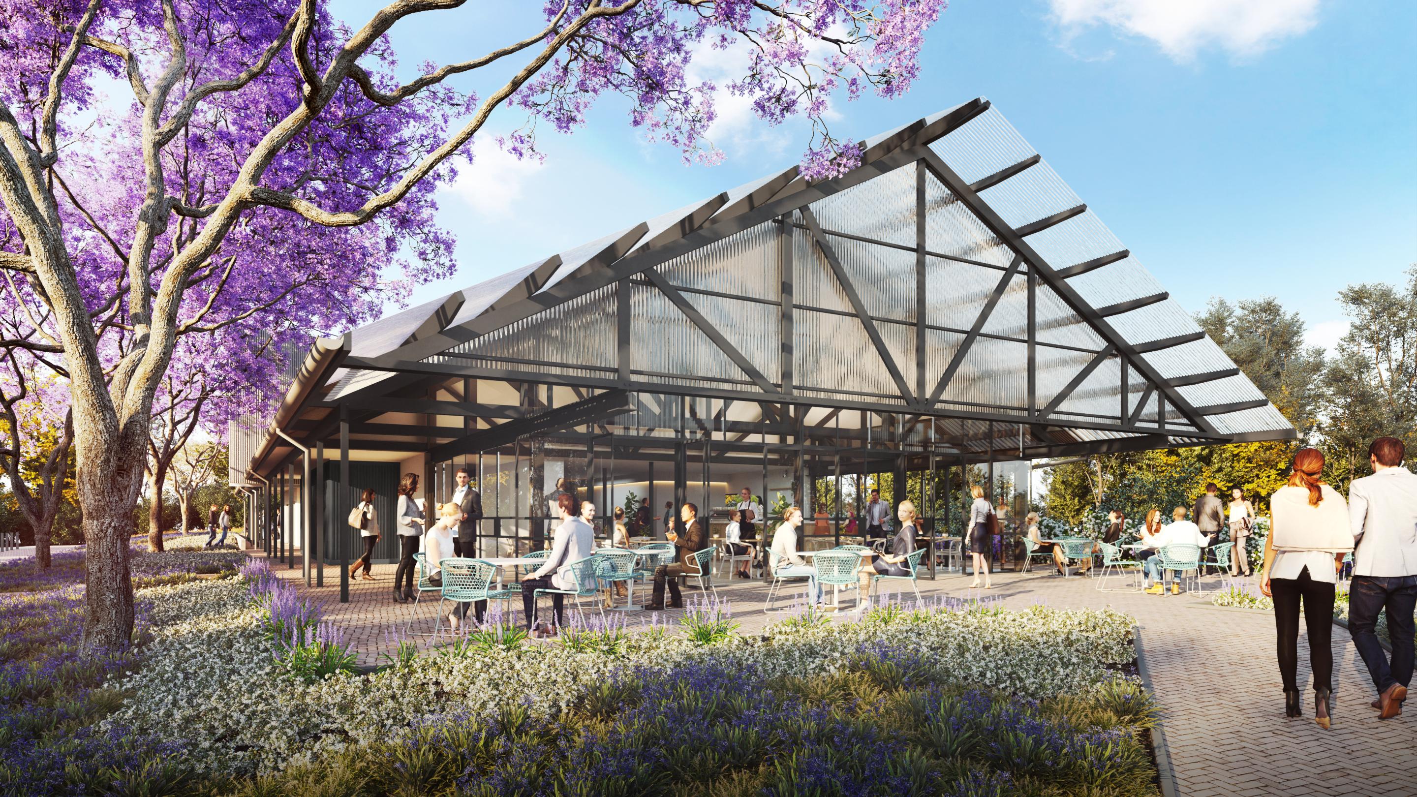 Artistic render of modern cafe building with customers sitting outside under trees and in gardens