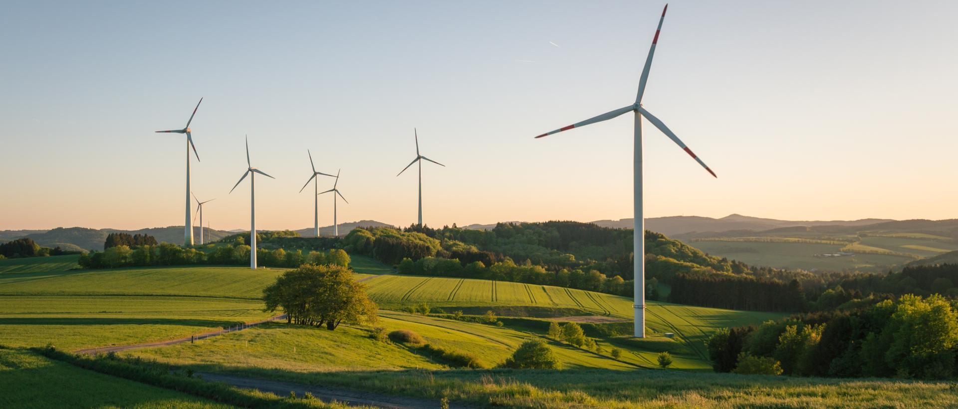 View of a large wind farm on a clear evening