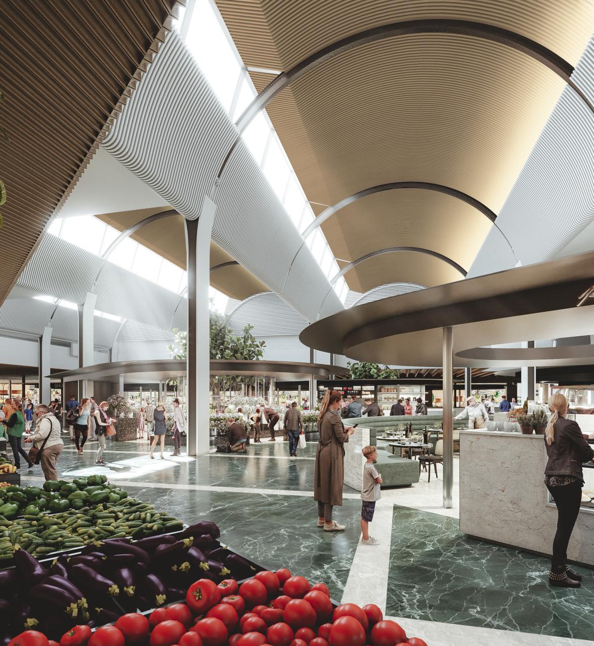 View of shopping mall with people shopping at grocery store and food stand