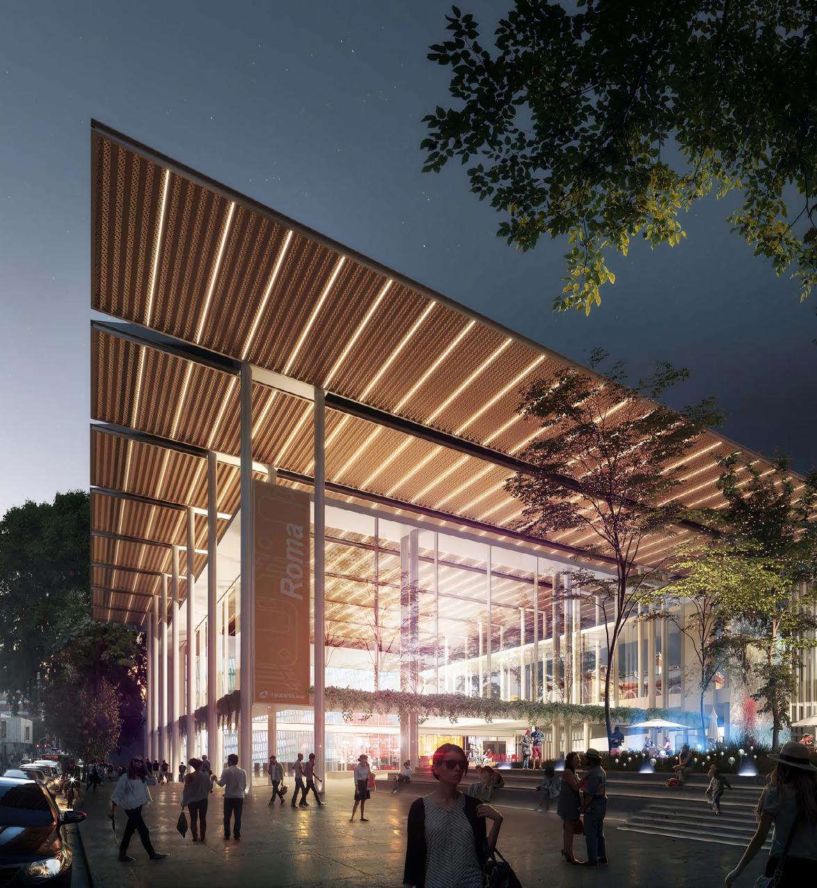 Artistic render of modern railway station lit up at night with people outside