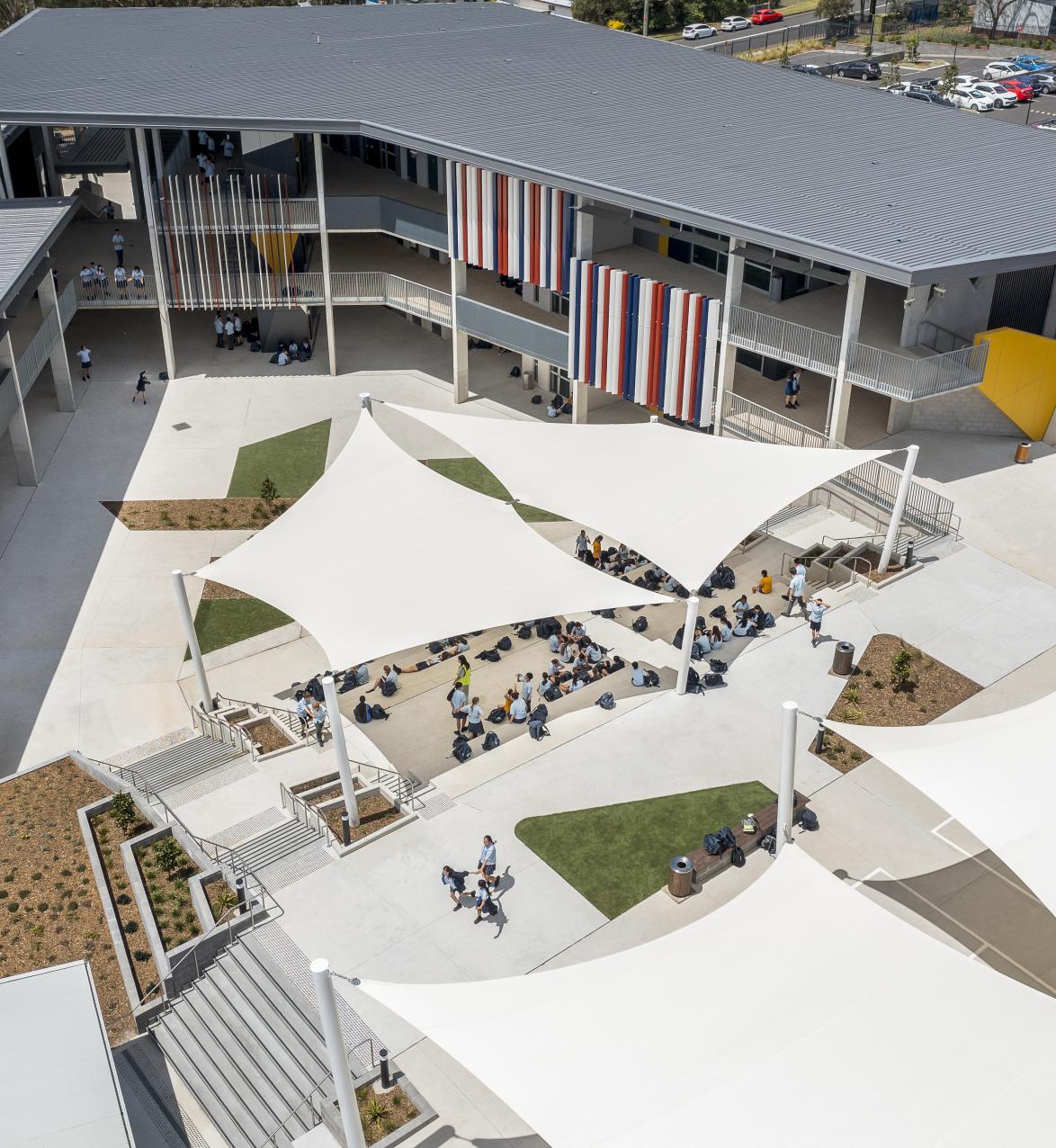 Exterior view of outdoor seating area at a college