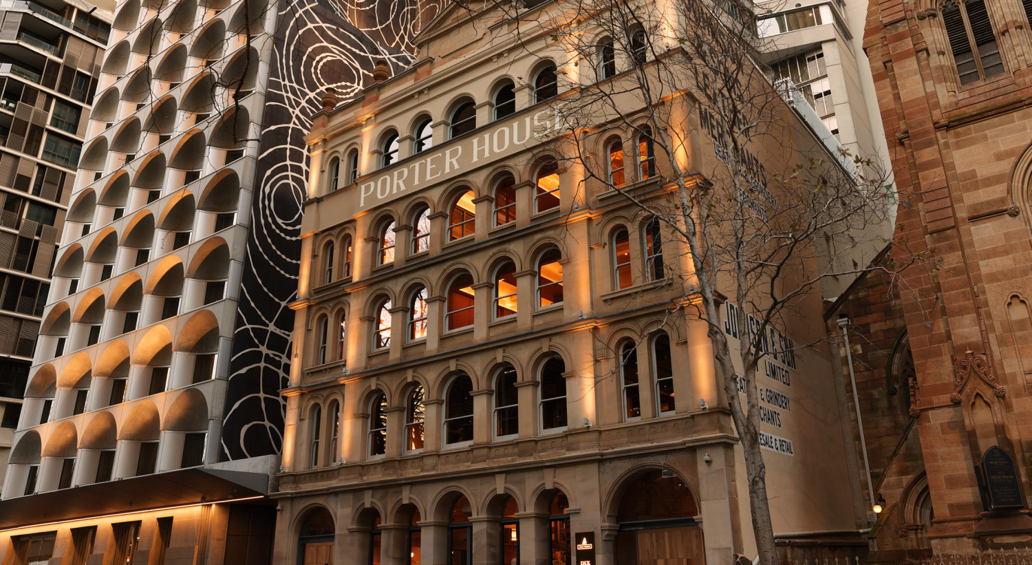 Exterior view of old stone building with Porter House written in gold letters on the front