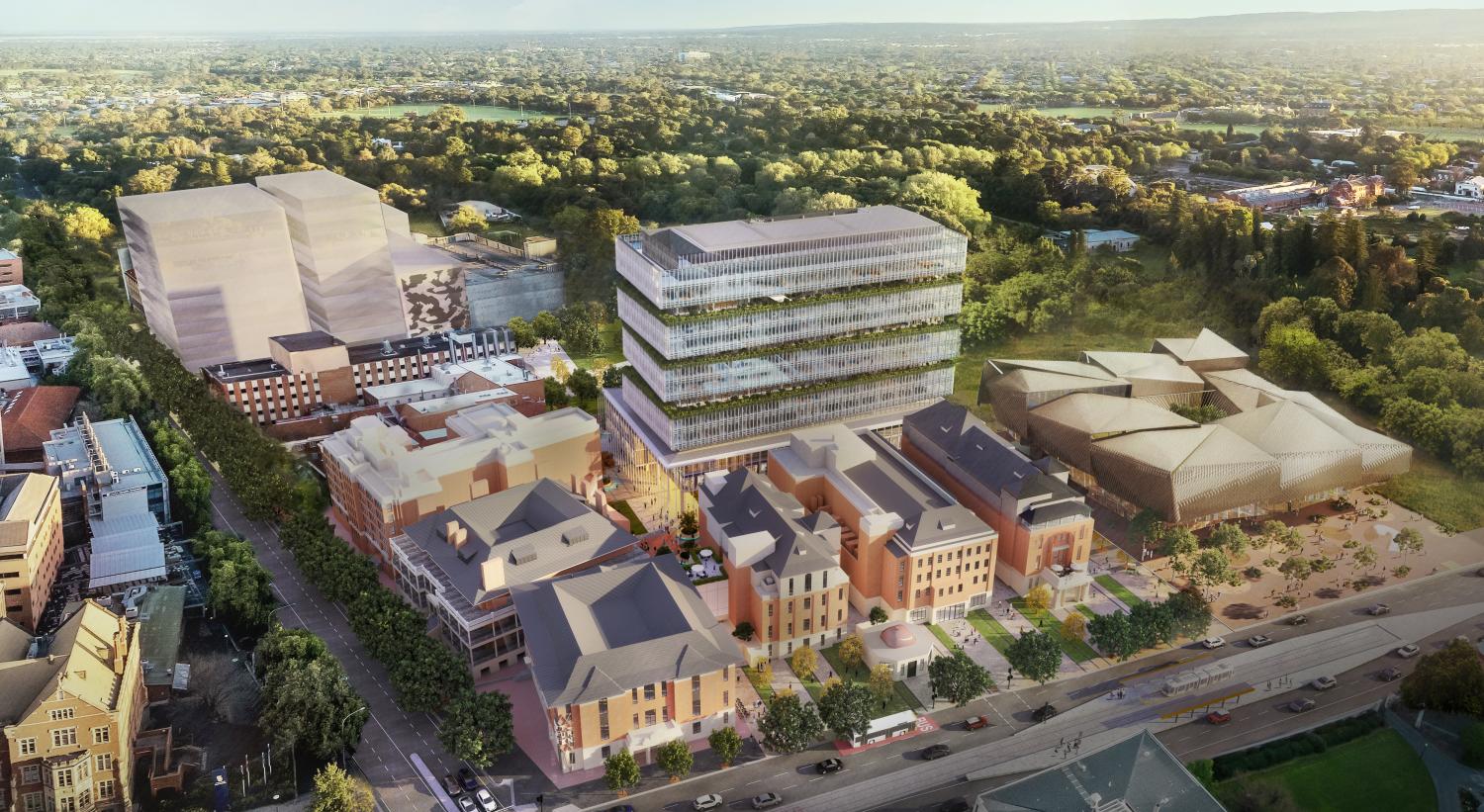 Artistic render of a set of old and new buildings, green spaces, and tree lined streets